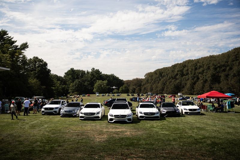 Mercedes lineup on the grass at a summer car meet